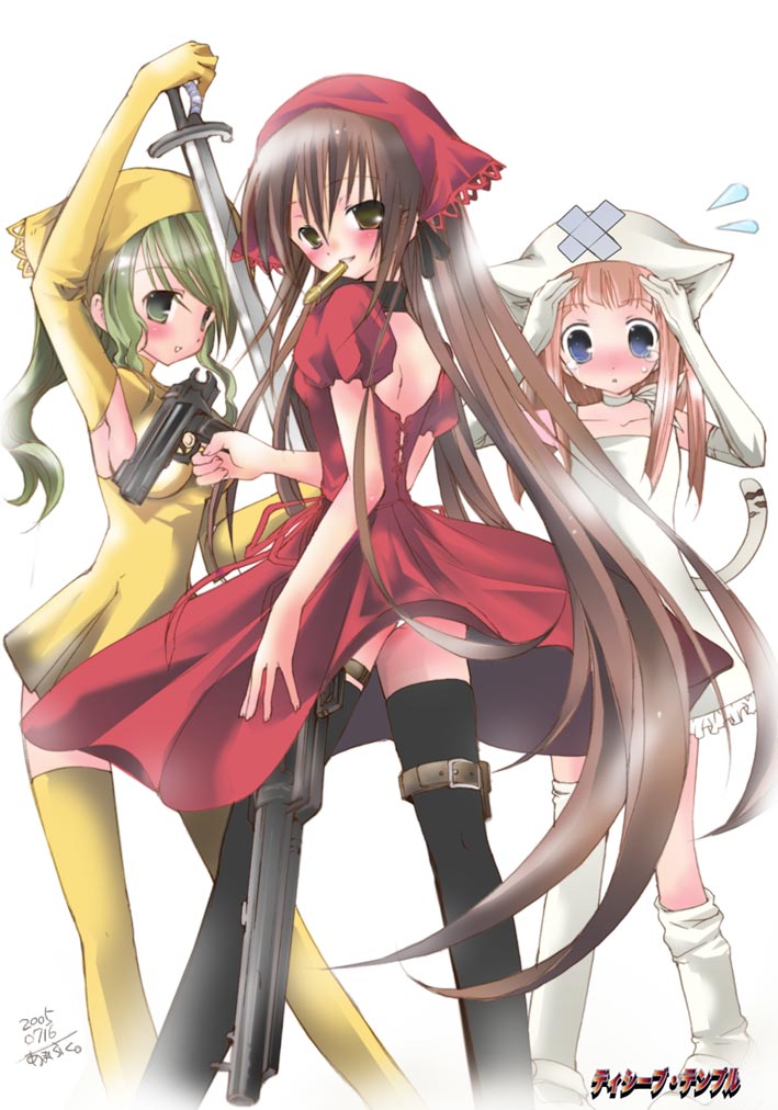 amafuku amane, original, 3girls, animal ears, armpits, back, black thighhighs, blue eyes, blush, brown eyes, brown hair, bullet, cartridge, cat ears, cat tail, choker, elbow gloves, from behind, gloves, green eyes, green hair, gun, handgun, long hair, looking back, mouth hold, multiple girls, pistol, sword, tail, tears, thighhighs, very long hair, weapon, zettai ryouiki
