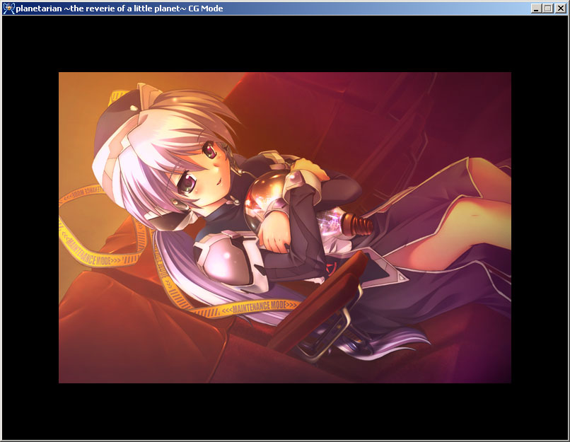 komatsu eiji, hoshino yumemi, planetarian, game cg, 00s, 1girl, blue hair, female focus, green eyes, holding, light bulb, ribbon, sitting, smile, solo, twintails