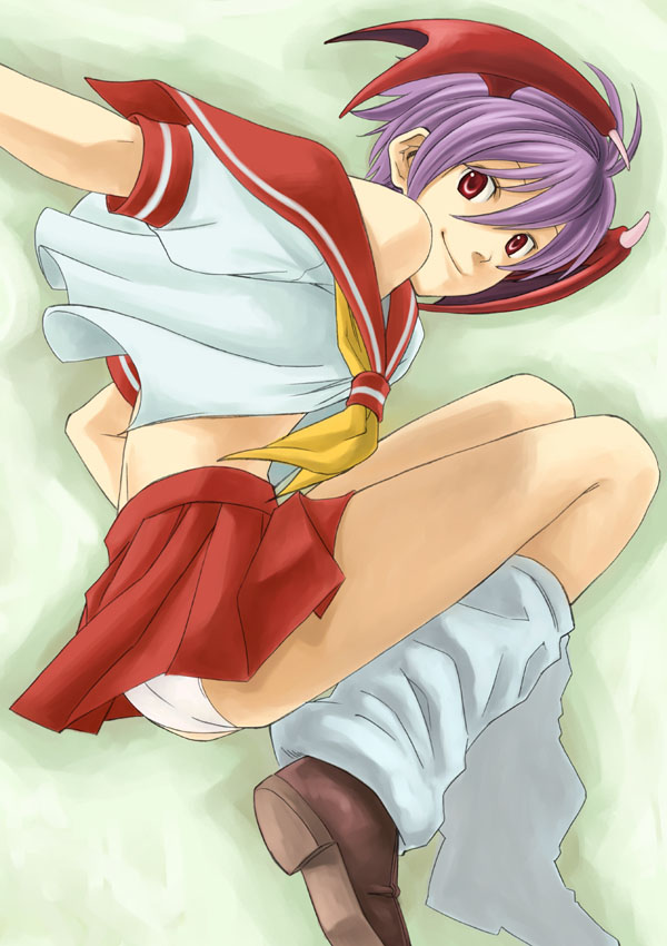 ryou (pixiv22748), lilith (darkstalkers), capcom, darkstalkers, 1girl, ass, demon girl, female focus, head wings, jumping, loose socks, miniskirt, neckerchief, panties, pantyshot, pleated skirt, red skirt, school uniform, serafuku, shoes, skirt, socks, solo, underwear, white panties, wings, yellow neckerchief