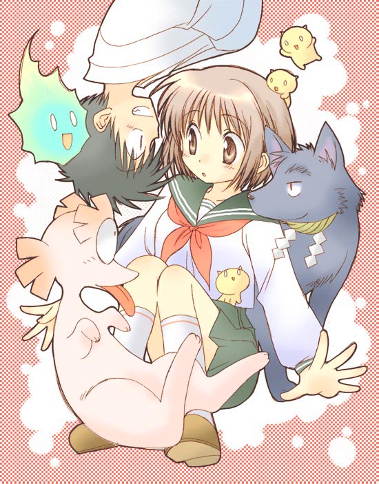 kodama miki, original, 1boy, 1girl, black hair, blush, brown hair, creature, eye contact, grin, hands in opposite sleeves, japanese clothes, kimono, kneehighs, looking at another, profile, rope, school uniform, serafuku, shimenawa, short hair, sitting, smile, socks, traditional youkai, upside-down, wolf