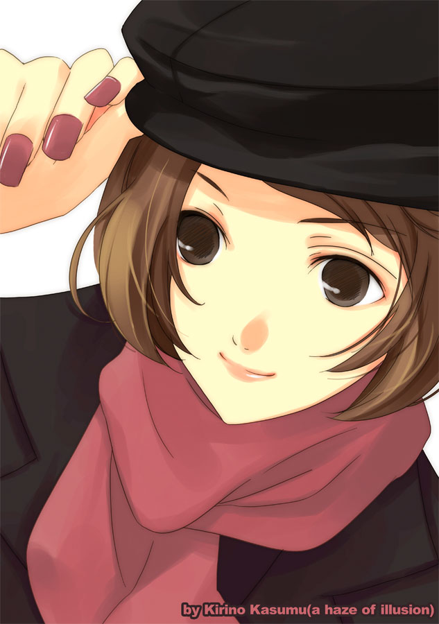 kirino kasumu, original, brown eyes, brown hair, fingernails, hat, nail (hardware), scarf, short hair, simple background, solo, white background
