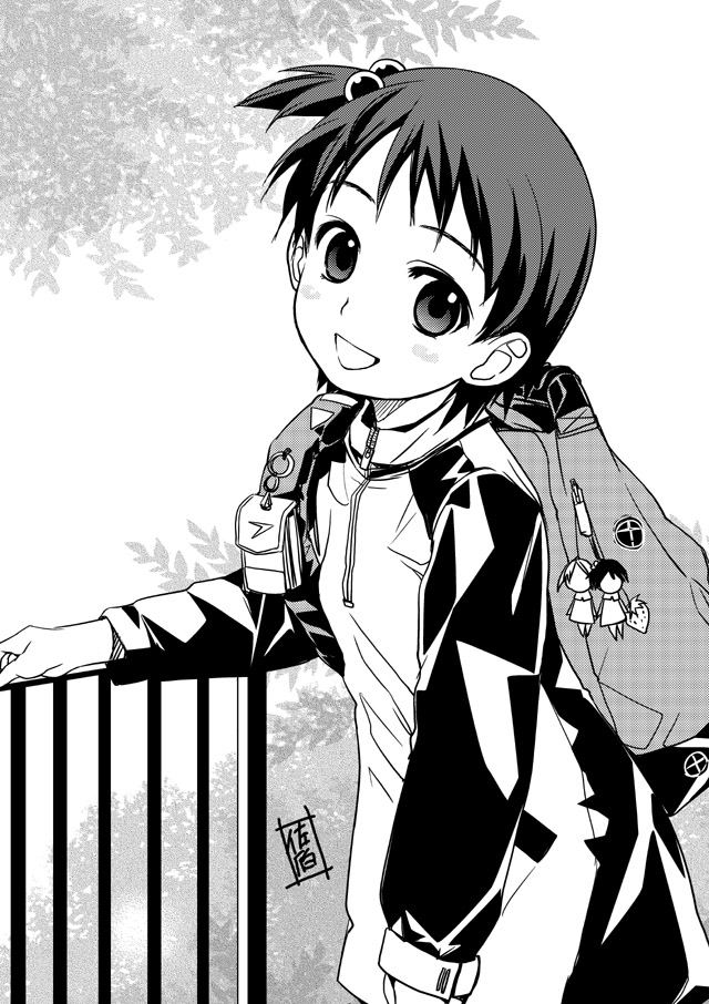 saeki tatsuya, itou chika, ichigo mashimaro, 1girl, :d, bag, bag charm, beads, blush, charm (object), child, cowboy shot, female focus, greyscale, hair beads, hair ornament, long sleeves, looking at viewer, monochrome, open mouth, over shoulder, pin, school bag, short hair, signature, smile, solo, zipper