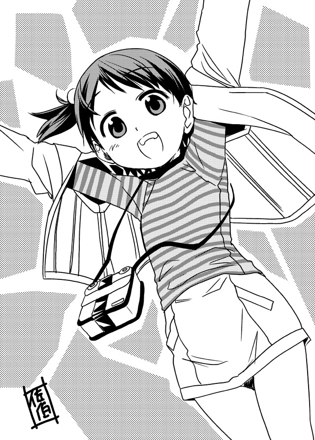 saeki tatsuya, itou chika, ichigo mashimaro, 1girl, :d, blush, camera, child, dutch angle, female focus, greyscale, jacket, looking at viewer, monochrome, one side up, open clothes, open jacket, open mouth, shirt, short hair, signature, simple background, skirt, smile, solo, striped clothes, striped shirt, teeth