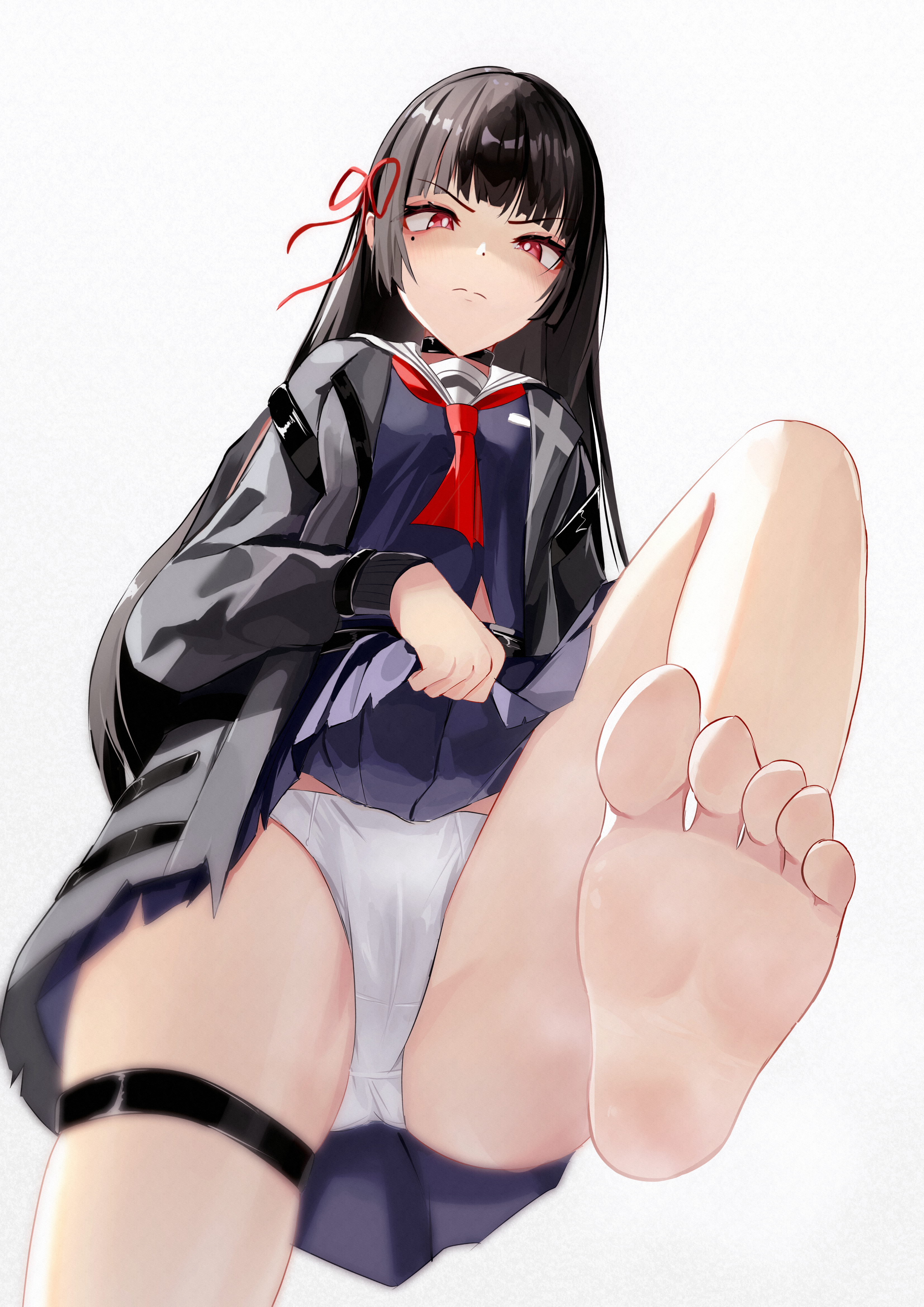 chen kang, chisa (wuthering waves), wuthering waves, absurdres, highres, 1girl, annoyed, barefoot, black choker, black hair, blue skirt, choker, clothes lift, coat, grey coat, hair ribbon, lifting own clothes, long hair, long sleeves, looking at viewer, mole, mole under eye, neckerchief, open clothes, open coat, panties, pleated skirt, red eyes, red neckerchief, red ribbon, ribbon, sailor collar, school uniform, serafuku, simple background, skirt, skirt lift, soles, solo, standing, standing on one leg, straight hair, thigh strap, toes, underwear, white background, white panties, white sailor collar