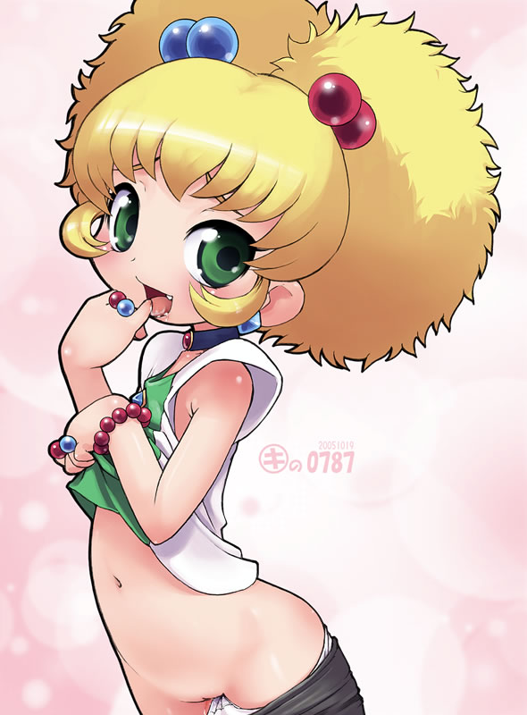 kei jiei, altessa, fushigiboshi no futago hime, 00s, 1girl, blonde hair, blush, bracelet, choker, cleft of venus, clothes lift, clothes pull, earrings, fang, female focus, finger sucking, finger to mouth, flat chest, green eyes, hair bobbles, hair ornament, jewelry, loli, navel, open mouth, panties, panty pull, pantyhose, pantyhose pull, pinky out, pussy, pussy juice, ring, saliva, shirt lift, short hair, short twintails, solo, tongue, twintails, uncensored, underwear, white panties
