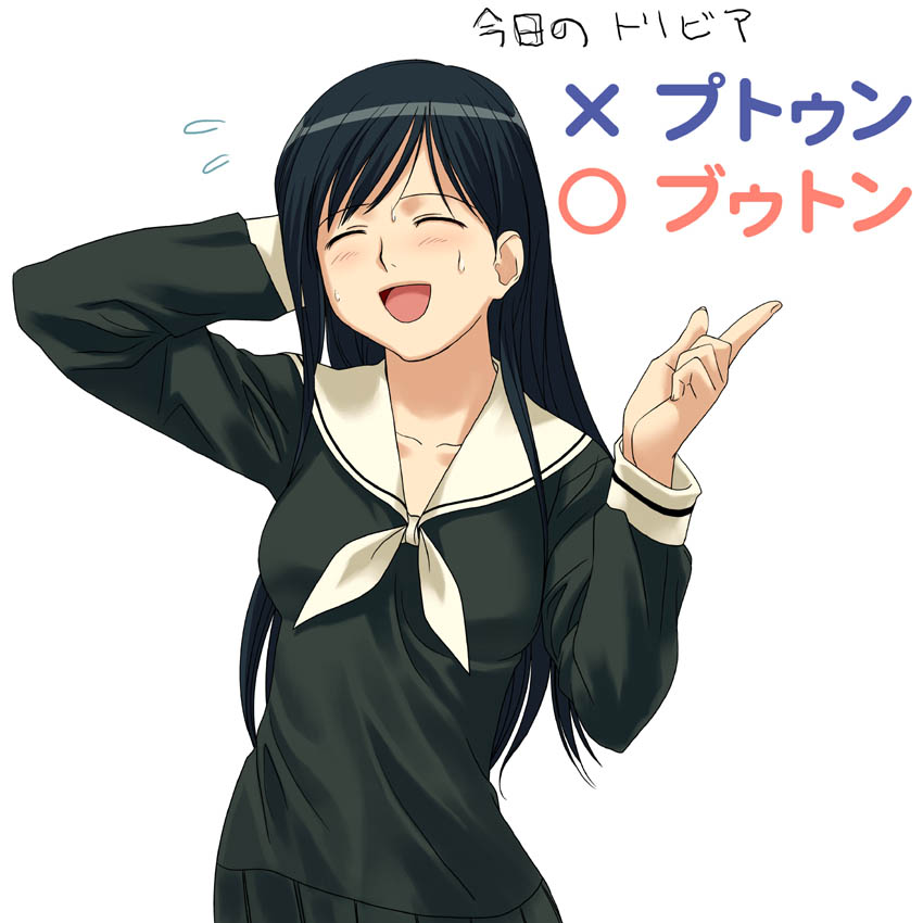 a1 (initial-g), ogasawara sachiko, maria-sama ga miteru, 00s, 1girl, arm behind head, female focus, simple background, solo, sweatdrop, white background