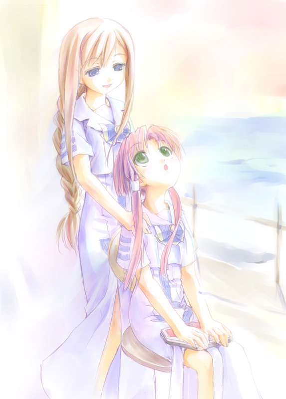 takoyaki (roast), alicia florence, mizunashi akari, aria (manga), 00s, 2girls, blonde hair, blouse, blue eyes, braid, eye contact, green eyes, hug, hug from behind, long hair, looking at another, looking back, looking up, multiple girls, pink hair, railing, shirt, side slit, sidelocks, single braid, sitting, smile, standing, very long hair, water, white shirt