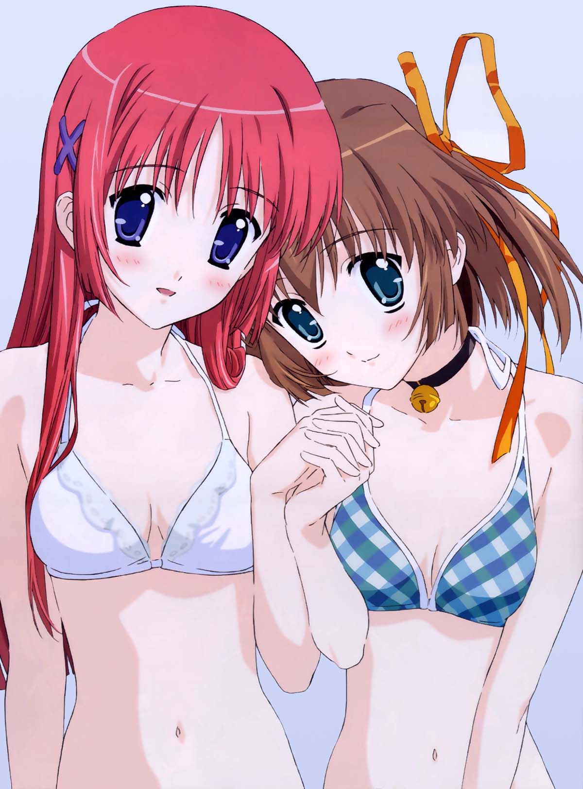 asakura nemu, shirakawa kotori, da capo, highres, 2girls, bikini, blue eyes, brown hair, choker, holding hands, multiple girls, red hair, swimsuit, yuri