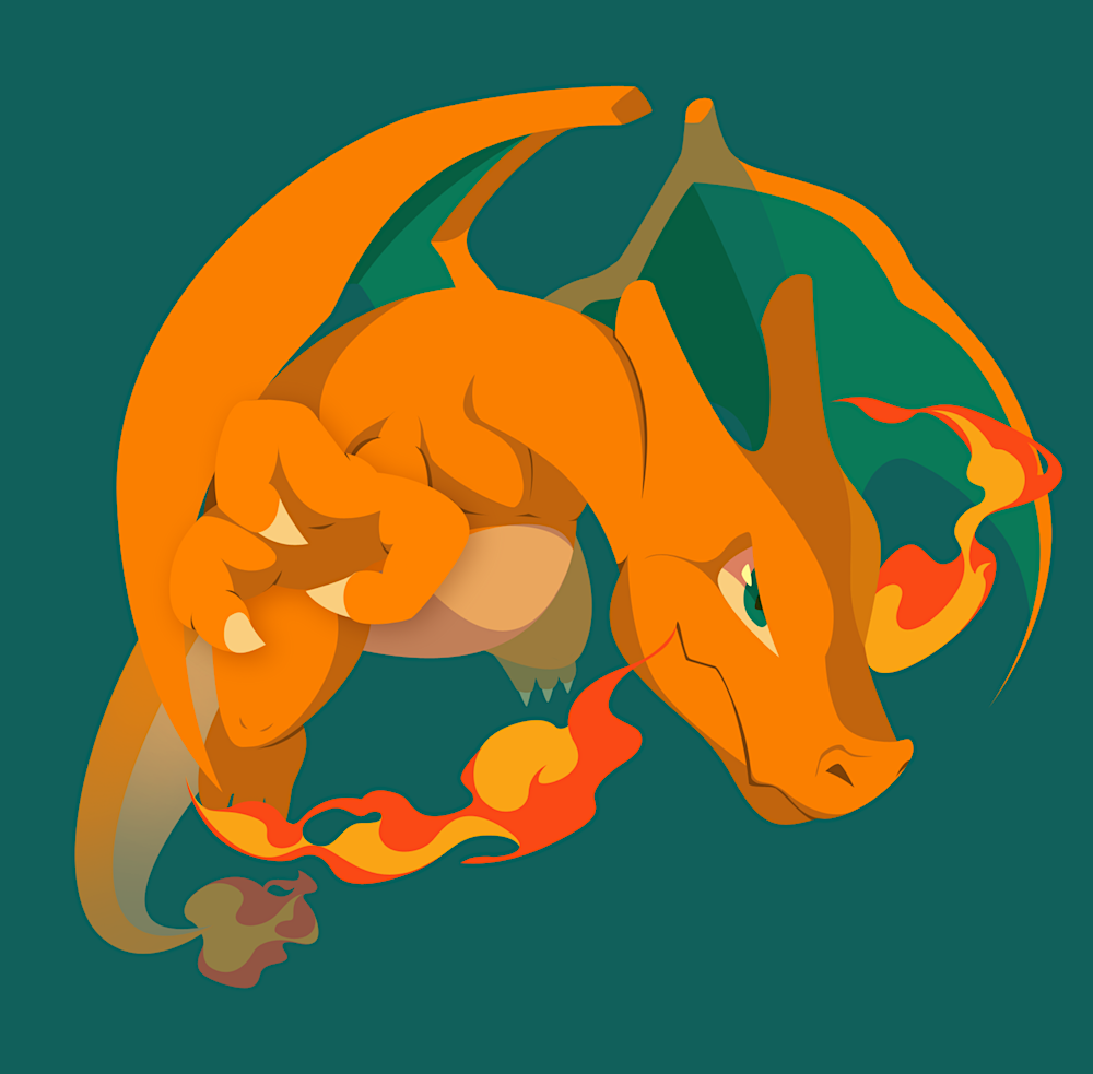 hisashi999, charizard, nintendo, pokemon, commentary request, animal focus, breath weapon, breathing fire, claws, closed mouth, fire, flame-tipped tail, full body, gen 1 pokemon, green eyes, no humans, pokemon (creature), simple background, solo, tail