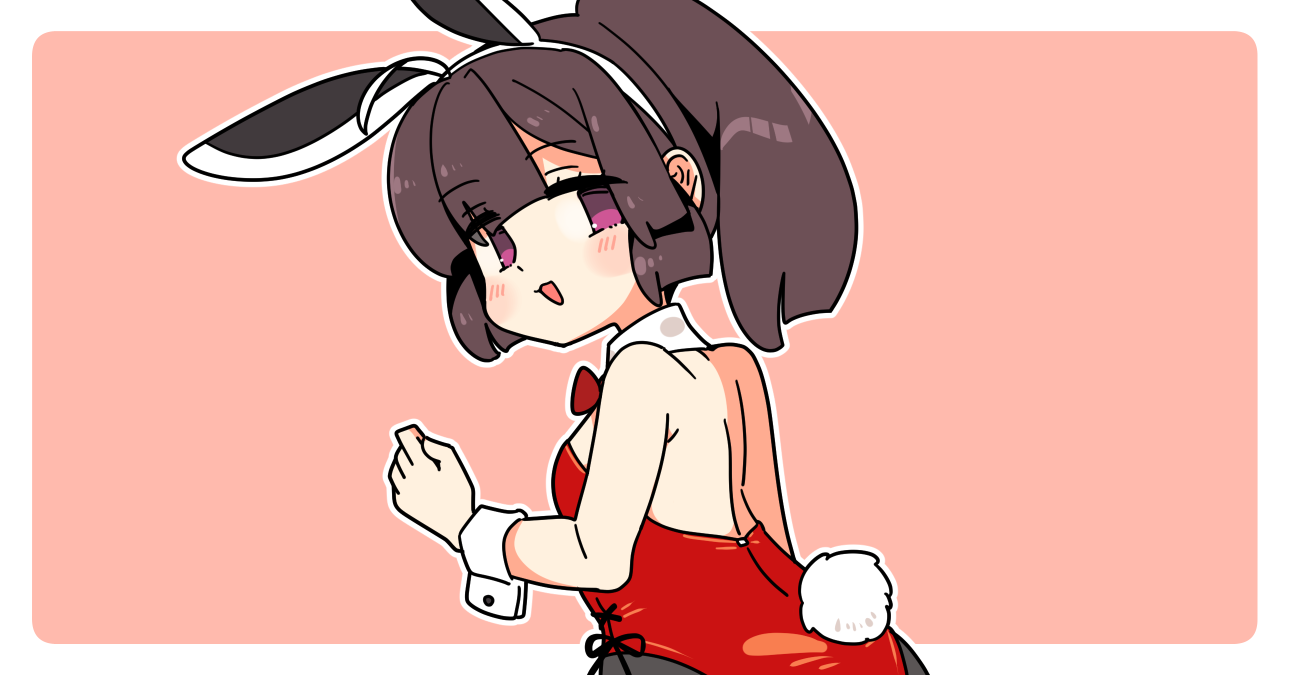 ini (inunabe00), touhoku kiritan, voiceroid, 1girl, :3, :d, ahoge, animal ear hairband, animal ears, bare shoulders, blush, border, bow, bowtie, breasts, brown hair, detached collar, fake animal ears, fake tail, from behind, hairband, hand up, leotard, looking at viewer, looking back, open mouth, orange background, outline, outside border, playboy bunny, purple eyes, rabbit ear hairband, rabbit ears, rabbit tail, red bow, red bowtie, red leotard, short hair, simple background, small breasts, smile, solo, strapless, strapless leotard, tail, upper body, white border, white hairband, white outline, wrist cuffs