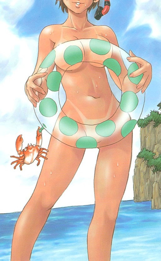 sanbe kei, nanako-san-teki na nichijou, cropped, 1girl, beach, bikini tan, censored, cloud, completely nude, convenient censoring, crab, crustacean, day, female focus, head out of frame, innertube, nude, nudist, ocean, outdoors, sky, smile, snorkel, solo, swim ring, tan, tanline, water, wet