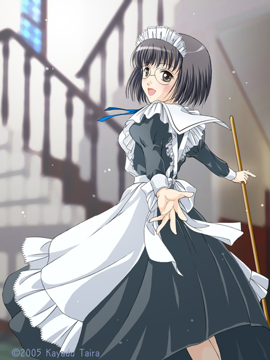 kayazu taira, original, 00s, 1girl, 2005, :d, apron, black hair, brown eyes, female focus, glasses, maid, maid apron, maid headdress, open mouth, short hair, signature, smile, solo, stairs