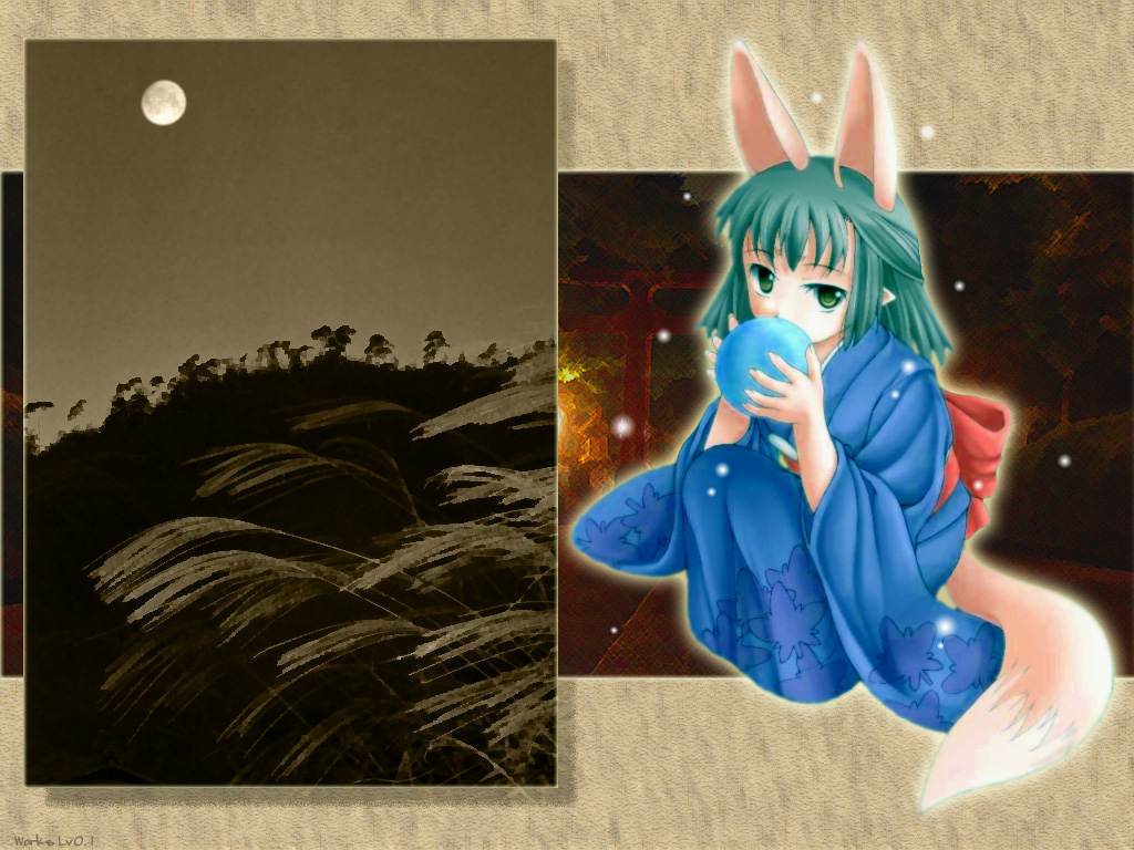 hasaha, summon night, summon night 2, 1girl, animal ears, aqua hair, ball, female focus, green eyes, japanese clothes, moon, pointy ears, rabbit ears, short hair, solo, squatting, tail
