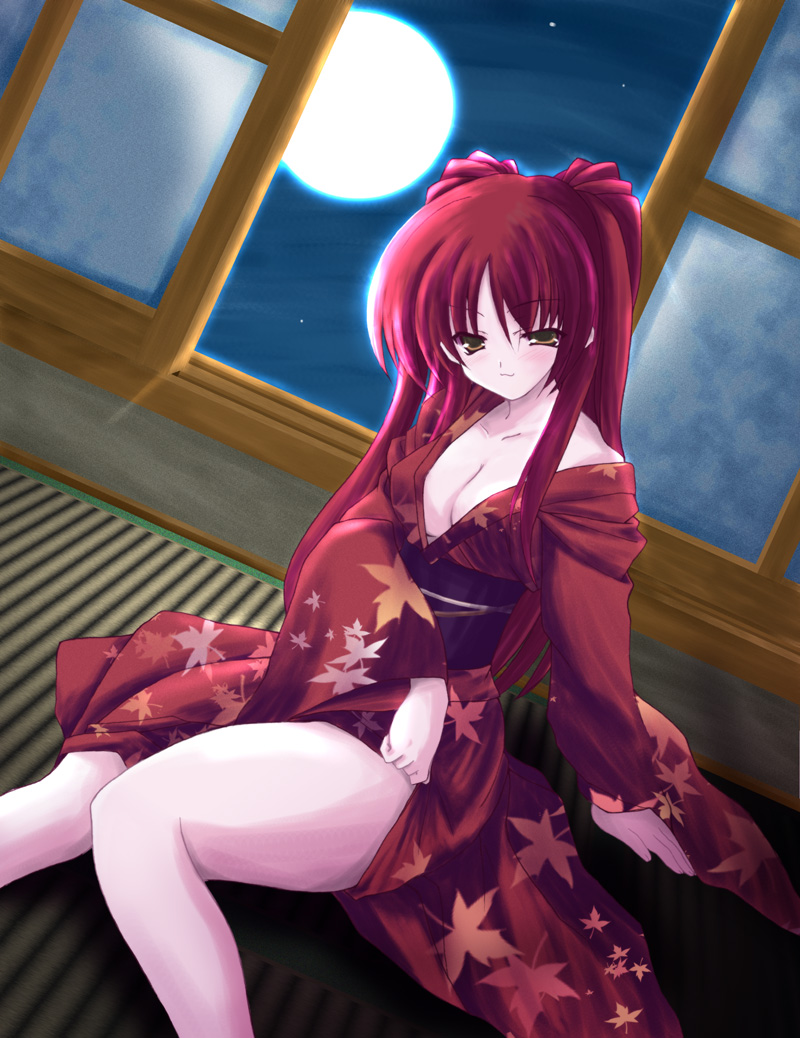 shibamine takashi, kousaka tamaki, to heart (series), to heart 2, 00s, 1girl, blush, breasts, brown eyes, cleavage, female focus, full moon, japanese clothes, kimono, long hair, medium breasts, moon, obi, red hair, red kimono, sash, solo, yukata