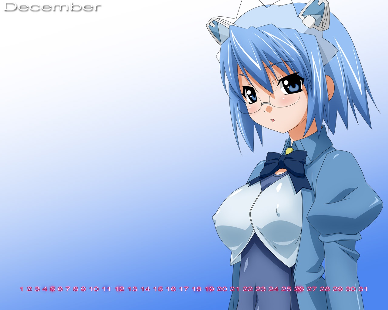 sugimura tomokazu, 2k-tan, os-tan, 1girl, blue eyes, blue hair, bow, breasts, calendar, covered erect nipples, cropped jacket, female focus, glasses, long sleeves, looking at viewer, maid headdress, matching hair/eyes, medium breasts, navel, neck ribbon, puffy sleeves, ribbon, short hair, solo, upper body