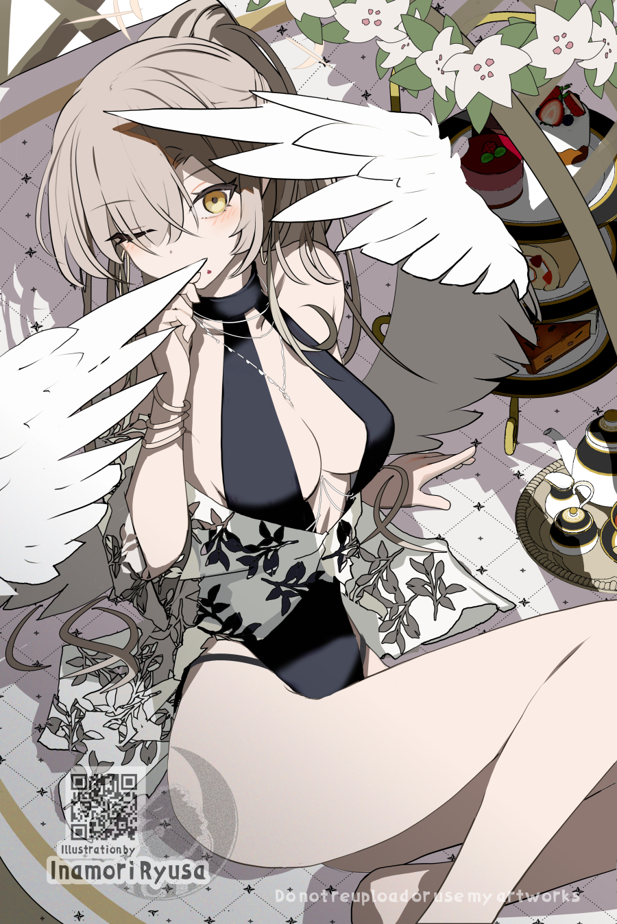 inaeda kei, nagisa (blue archive), nagisa (swimsuit) (blue archive), blue archive, highres, 1girl, angel wings, black one-piece swimsuit, breasts, covering own mouth, feathered wings, halo, low wings, official alternate costume, official alternate hairstyle, one-piece swimsuit, one eye closed, solo, swimsuit, white wings, wings