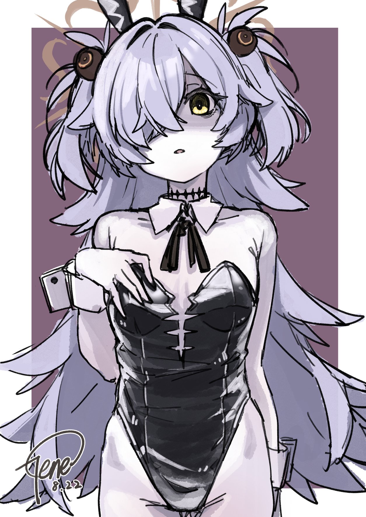 gene (gear gene), kanoe (blue archive), blue archive, highres, tagme, 1girl, animal ears, breasts, bunny day, hair over one eye, leotard, long hair, messy hair, mojyo, playboy bunny, rabbit ears, simple background, small breasts, white background, yellow eyes