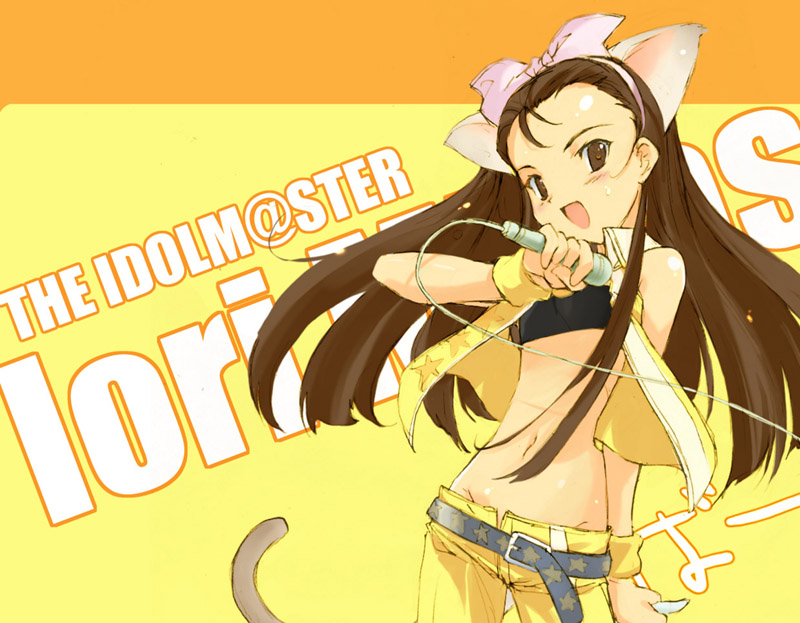 fujiwara warawara, minase iori, idolmaster, idolmaster (classic), idolmaster 1, 00s, animal ears, bandeau, black bandeau, cat ears, cat tail, cool & sexy (idolmaster), fake animal ears, microphone, midriff, simple background, solo, standing, tail, yellow background