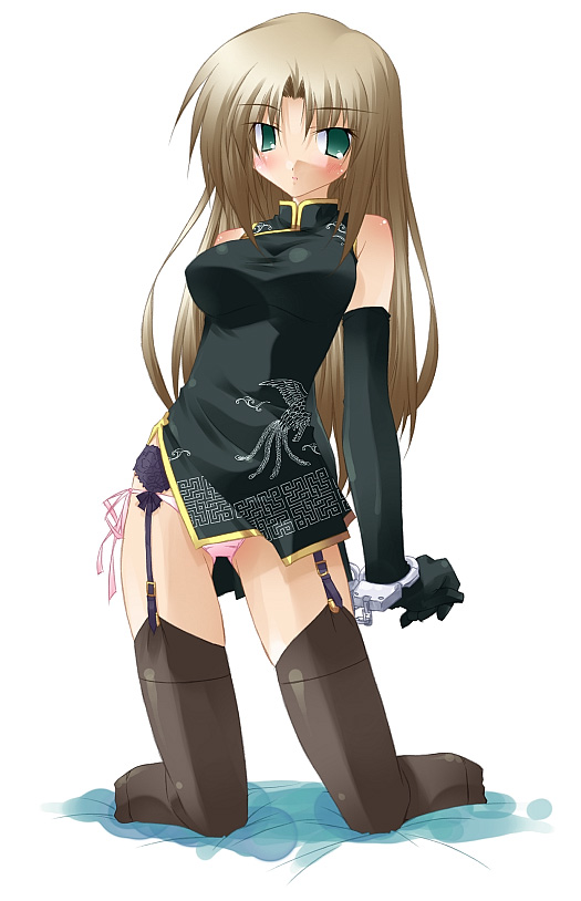 kuzunoha kyouji (sunny side street), original, 1girl, arms behind back, bdsm, black gloves, black thighhighs, bondage, bound, brown hair, china dress, chinese clothes, cuffs, dress, elbow gloves, female focus, garter belt, gloves, green eyes, handcuffs, lingerie, long hair, panties, pink panties, side-tie panties, solo, thighhighs, underwear