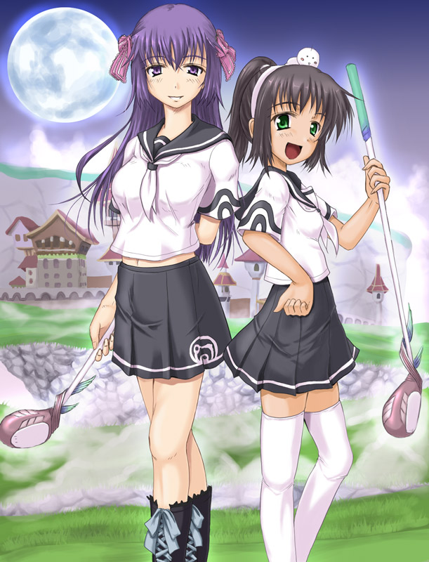 hana, otsutama takashi, arin (pangya), hana (pangya), pangya, 2girls, black hair, boots, full moon, golf club, green eyes, hair ribbon, hairband, happy, long hair, moon, multiple girls, pleated skirt, purple eyes, purple hair, ribbon, school uniform, serafuku, short hair, skirt, smile, thighhighs, white thighhighs