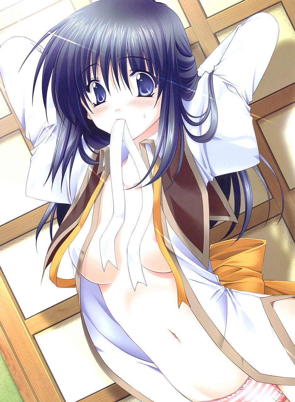 ryuuga shou, wakamiya hazuki, tsukushite ageru no!, game cg, highres, 1girl, black hair, blue eyes, dutch angle, female focus, long hair, mouth hold, navel, open clothes, open shirt, panties, red panties, ribbon, shirt, solo, striped clothes, striped panties, underwear