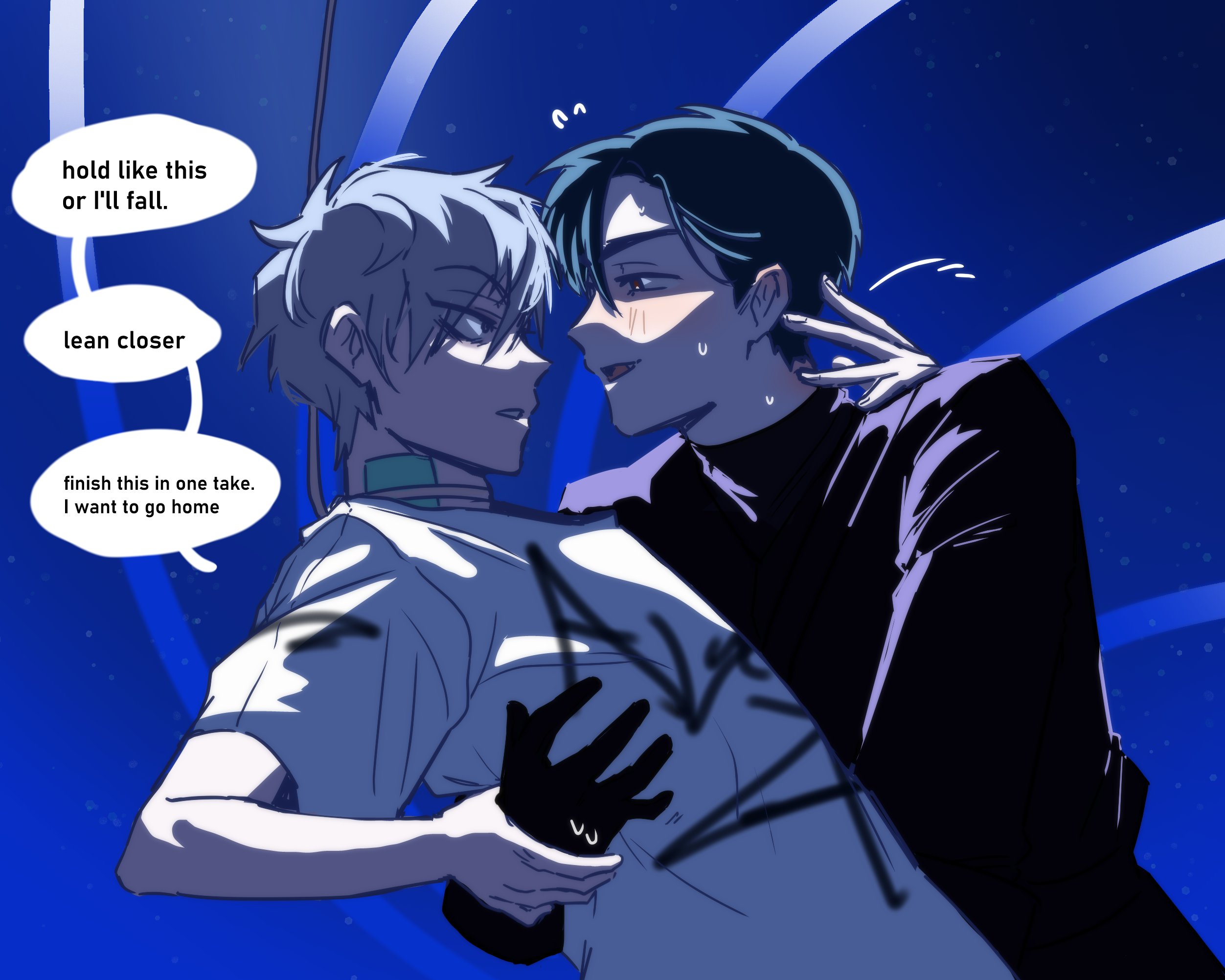 br3adhouse, ivan (alien stage), till (alien stage), alien stage, chinese commentary, commentary, english commentary, highres, mixed-language commentary, 2boys, arm around back, black eyes, black gloves, black hair, black shirt, blue background, choker, english text, gloves, grey choker, grey hair, holding another's wrist, male focus, multiple boys, shirt, short hair, turtleneck, turtleneck shirt, very short hair, white shirt