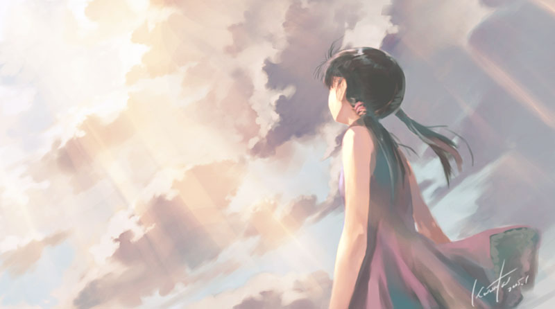 kawata hisashi, 1girl, cloud, day, dress, female focus, looking up, red dress, solo, sun, sunlight, twintails