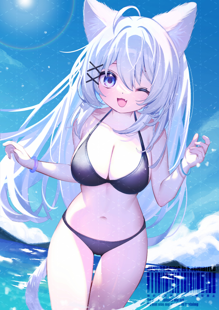 d omm, original, check commentary, check copyright, commentary request, commission, copyright request, skeb commission, 1girl, animal ears, bikini, black bikini, blush, breasts, cat ears, long hair, looking at viewer, open mouth, smile, solo, swimsuit, tail