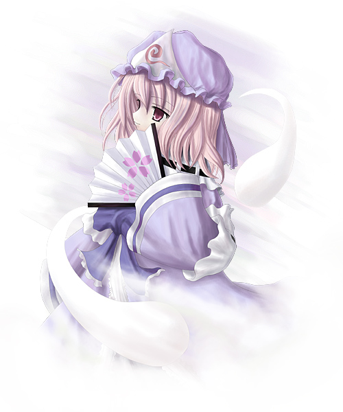 kurona, saigyouji yuyuko, touhou, 1girl, dress, female focus, frilled dress, frills, ghost, hand fan, hat, holding, holding fan, pink eyes, pink hair, short hair, solo, triangular headpiece