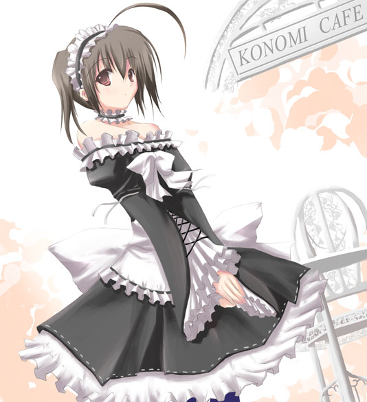 satomi (black scarecrow), yuzuhara konomi, to heart (series), to heart 2, 00s, 1girl, 2006, ahoge, bare shoulders, brown eyes, brown hair, choker, dress, female focus, goth fashion, maid, ribbon-trimmed dress, ribbon trim, solo, standing