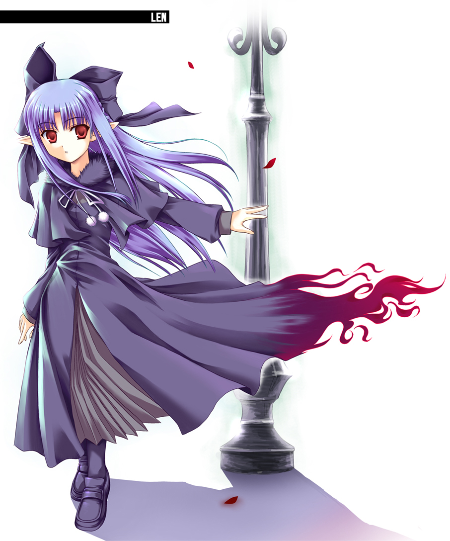 len (tsukihime), tsukihime, 00s, black shoes, dress, hair ribbon, long hair, pointy ears, ribbon, shoes, solo, wind
