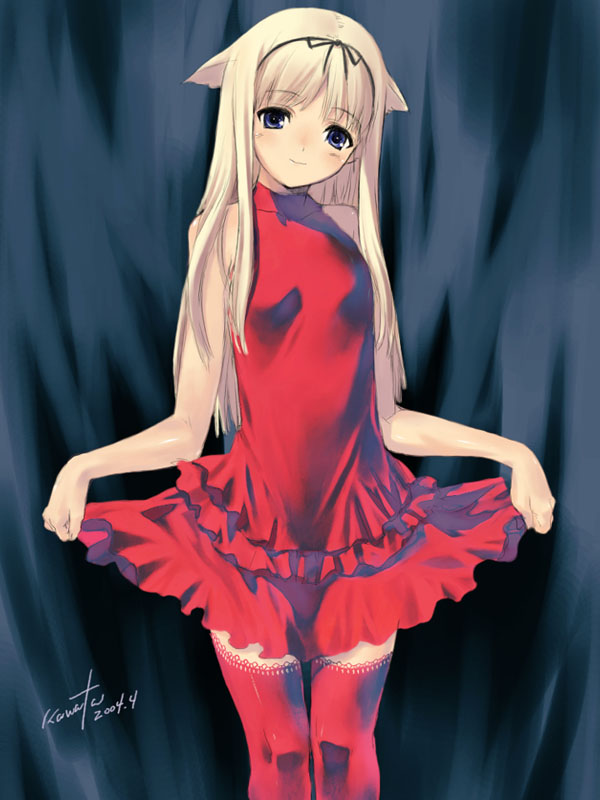 kawata hisashi, lace-trimmed legwear, 1girl, animal ears, breasts, cat ears, clothes lift, dated, dress, female focus, flat chest, kneehighs, lace, lace trim, lifting own clothes, red theme, red thighhighs, ribbon, skirt, skirt hold, skirt lift, small breasts, socks, solo, thighhighs, zettai ryouiki