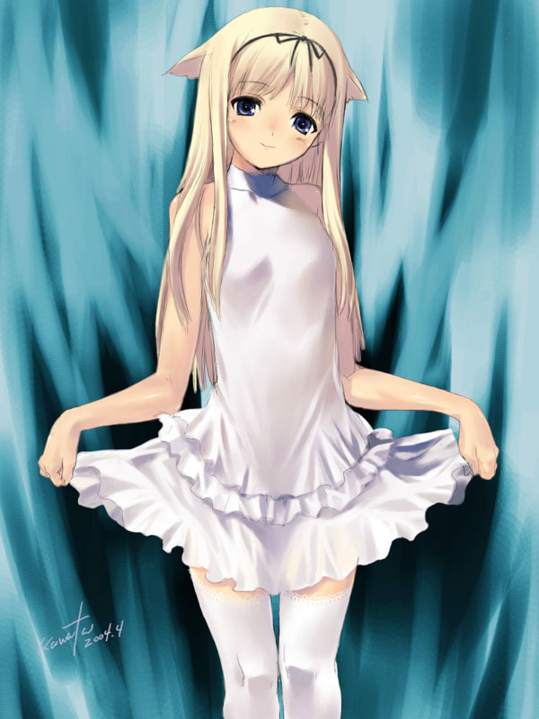 kawata hisashi, lace-trimmed legwear, 1girl, animal ears, blonde hair, blue eyes, breasts, cat ears, clothes lift, dated, dress, female focus, flat chest, lace, lace trim, lifting own clothes, skirt hold, small breasts, socks, solo, thighhighs, white socks, white thighhighs, zettai ryouiki