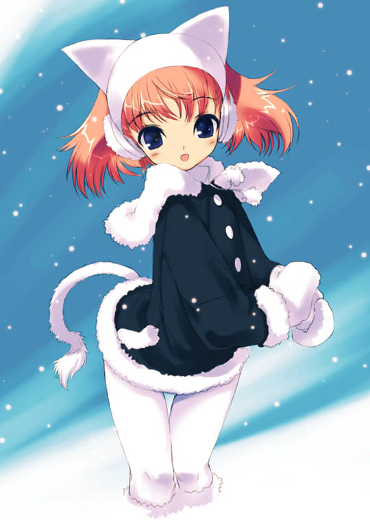 kawata hisashi, original, 1girl, animal ears, blue eyes, cat ears, cat tail, earmuffs, female focus, jacket, mittens, orange hair, pantyhose, snow, snowing, solo, tail, white mittens