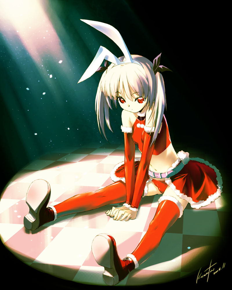 kawata hisashi, 1girl, animal ears, breasts, christmas, elbow gloves, female focus, gloves, rabbit ears, santa costume, small breasts, solo, thighhighs, twintails