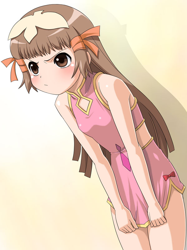 re mii, zoids, zoids genesis, 00s, 1girl, angry, blush, brown eyes, brown hair, embarrassed, female focus, long hair, pout, skirt, skirt tug, solo
