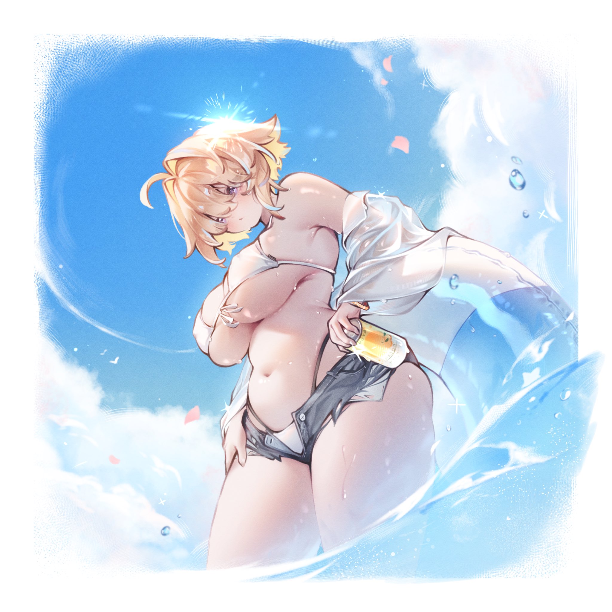 dutchhimmel, elegg (nikke), goddess of victory: nikke, highres, 1girl, alternate costume, bikini, blonde hair, denim, denim shorts, hair over eyes, navel, open clothes, open fly, open shorts, plump, purple eyes, shorts, solo, swimsuit, water, white bikini
