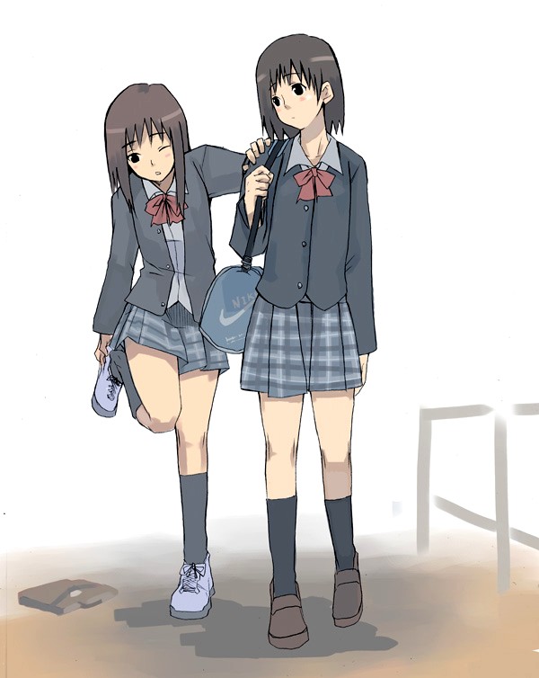 shihira tatsuya, original, 2girls, blazer, jacket, multiple girls, plaid clothes, plaid skirt, pleated skirt, school uniform, skirt