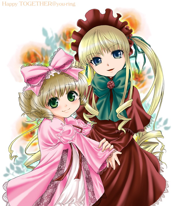 kitano tomotoshi, hinaichigo, shinku, rozen maiden, 00s, 2girls, blonde hair, blue eyes, blush, bonnet, bow, dress, flower, green eyes, hair bow, long hair, multiple girls, red dress, red flower, red rose, ribbon, rose, short hair, smile, twintails