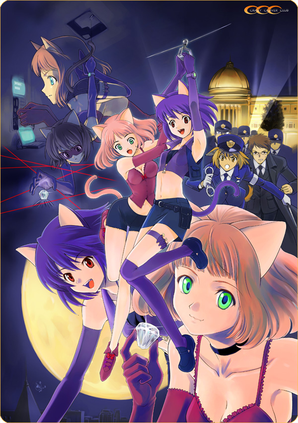 shirotsumekusa, original, animal ears, cat ears, diamond, green eyes, police, red eyes, thief