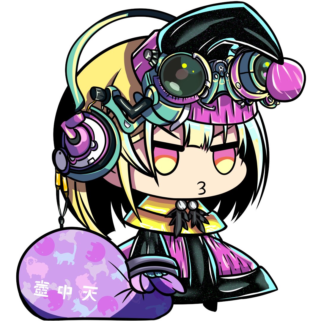 kouto matai, dohna dohna issho ni warui koto o shiyou, 1girl, blonde hair, capelet, chibi, chibi only, dress, full body, gradient hair, head-mounted display, headphones, holding, holding sack, mistress (dohna dohna), multicolored hair, no nose, orange eyes, pink dress, pursed lips, sack, simple background, solo, white background, yellow capelet