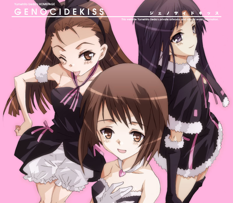 ueda yumehito, amami haruka, hagiwara yukiho, kisaragi chihaya, minase iori, idolmaster, idolmaster (classic), idolmaster 1, fur, 00s, 3girls, :p, armband, bare shoulders, black hair, bloomers, blush, brown eyes, brown hair, capelet, collarbone, cute & girly (idolmaster), dress, elbow gloves, forehead, gloves, gothic princess, hand on own hip, hands on own chest, heart, jewelry, long hair, looking at viewer, multiple girls, neck ribbon, one eye closed, pendant, ribbon, short hair, smile, strapless, strapless dress, tongue, tongue out, underwear, very long hair