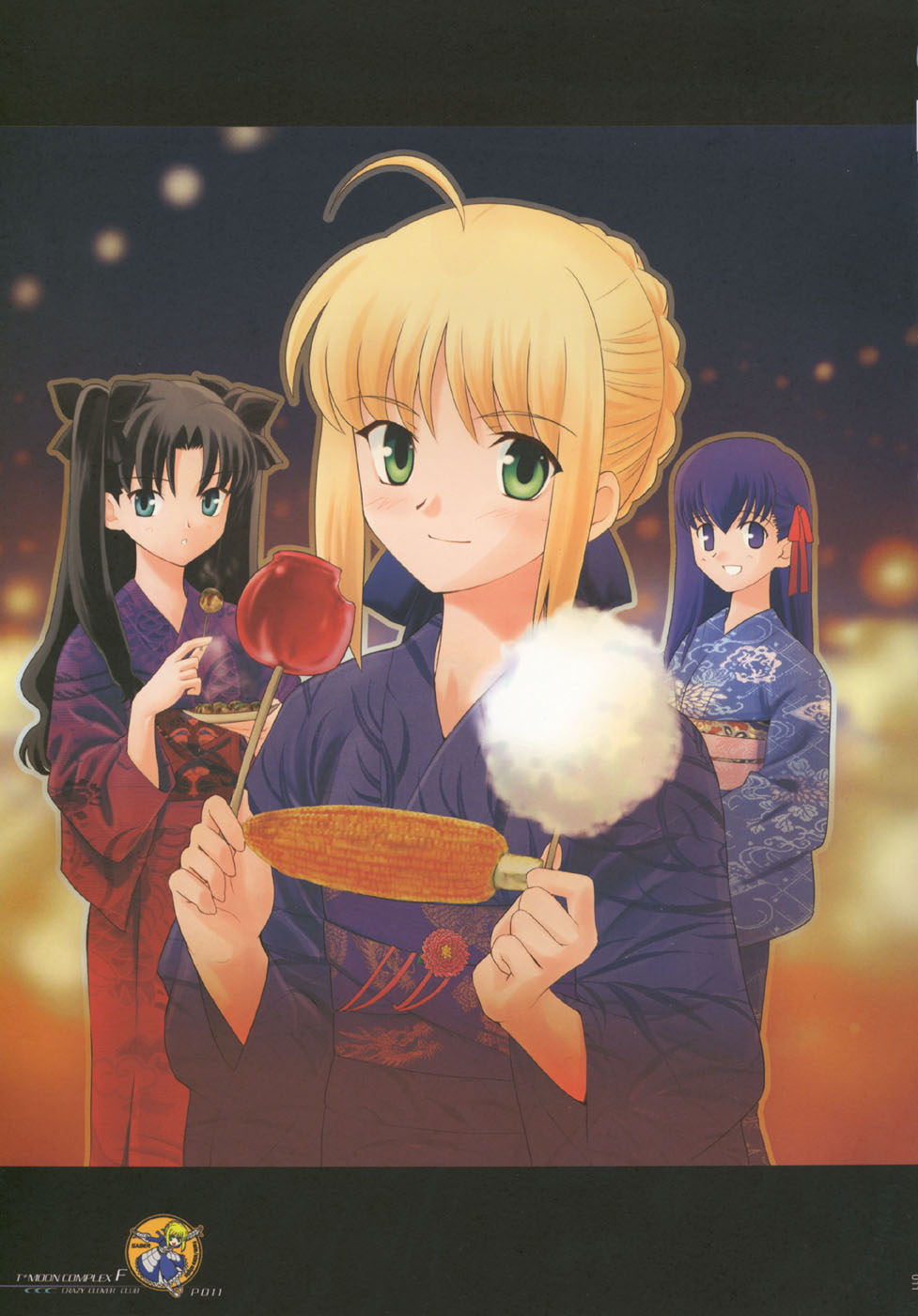 shirotsumekusa, artoria pendragon (fate), matou sakura, saber (fate), tohsaka rin, fate/stay night, fate (series), highres, scan, 00s, 3girls, ahoge, alternate costume, aqua eyes, black hair, blonde hair, blunt bangs, blush, candy apple, corn, cotton candy, festival, floral print, food, green eyes, hair ribbon, holding, holding cotton candy, holding food, japanese clothes, kimono, long hair, looking at viewer, multiple girls, night, obi, outdoors, outline, parted bangs, purple eyes, purple hair, red ribbon, ribbon, sash, smile, standing, takoyaki, two side up, watermark