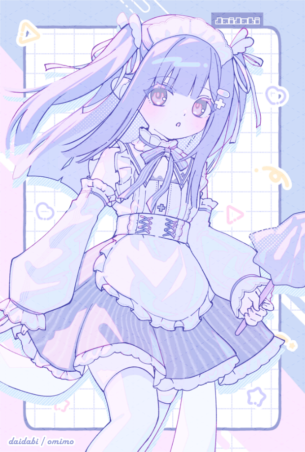 d omm, original, 1girl, apron, corset, detached sleeves, grid background, long hair, looking at viewer, purple eyes, purple hair, purple skirt, skirt, sleeveless, solo, waist apron, white background, white corset, white headdress, wide sleeves