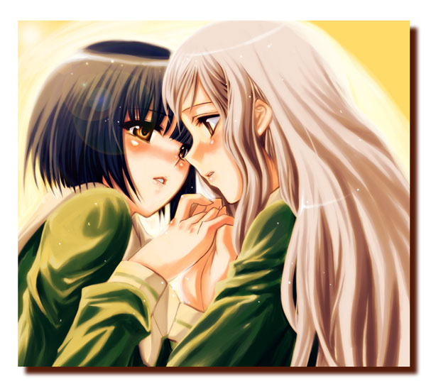 kantaka, nijou noriko, toudou shimako, maria-sama ga miteru, silver hair, 00s, 2girls, black hair, bob cut, eye contact, face-to-face, holding hands, interlocked fingers, lips, long hair, looking at another, multiple girls, open mouth, school uniform, serafuku, short hair, sparkle, very long hair, wavy hair, yellow eyes, yuri