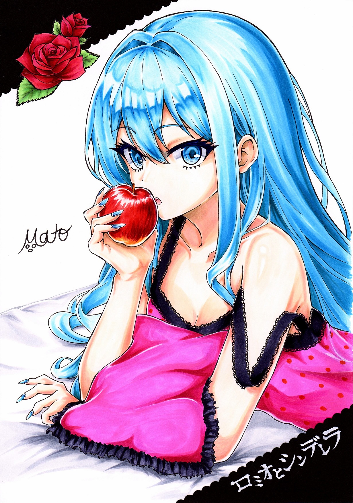 hatsune miku, romeo to cinderella (vocaloid), vocaloid, highres, marker (medium), traditional media, 1girl, apple, aqua eyes, aqua hair, black lace trim, camisole, food, fruit, holding, holding food, kazuno mato, lace-trimmed camisole, lace trim, long hair, looking at viewer, open mouth, pink camisole, polka dot camisole, solo, very long hair