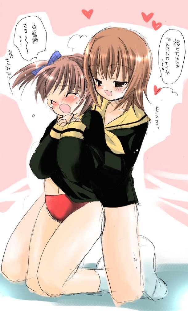 fukuzawa yumi, satou sei, maria-sama ga miteru, 00s, 2girls, blonde hair, blush, breasts, buruma, closed eyes, fang, grabbing another's breast, groping, hair ribbon, heart, kneeling, multiple girls, ribbon, school uniform, serafuku, sketch, small breasts, socks, tears, twintails, yuri