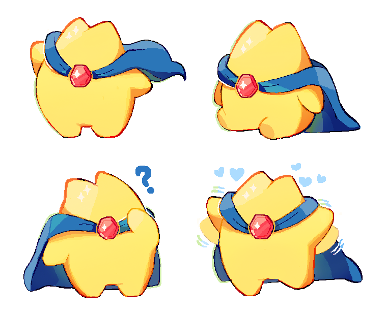 sleepy cheeky, starman (kirby), kirby (series), nintendo, ?, blue cape, cape, colored skin, heart, motion lines, multiple views, no humans, outstretched arms, simple background, sitting, solo, waving arms, white background, yellow skin