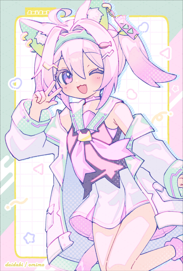 d omm, original, 1girl, animal ears, bow, cat ears, cat girl, coat, dress, looking at viewer, one eye closed, open clothes, open coat, open mouth, pink hair, purple eyes, sailor dress, short hair, short twintails, simple background, smile, solo, twintails, v, white coat