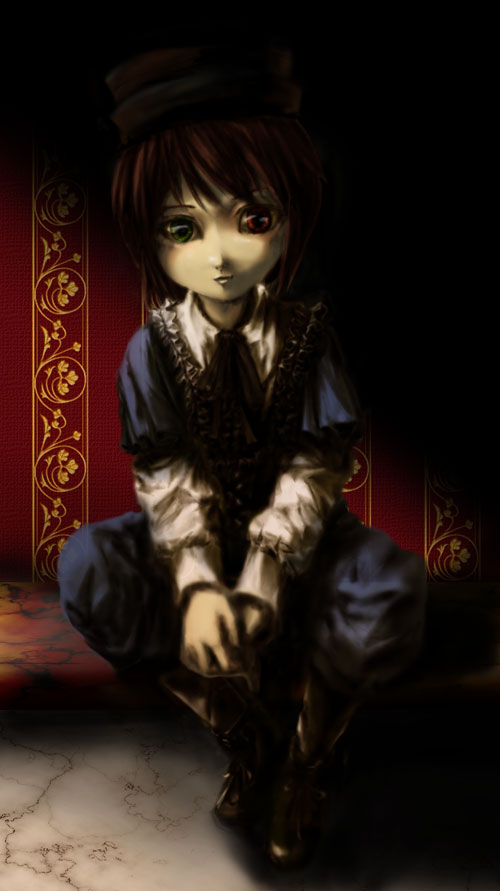 nekoita, souseiseki, rozen maiden, 00s, 1girl, against wall, blue pants, blue shirt, boots, brown boots, brown hair, collar, creepy, dark, expressionless, female focus, floral print, frilled collar, frilled shirt collar, frills, green eyes, hat, heterochromia, juliet sleeves, long sleeves, looking at viewer, pants, puffy long sleeves, puffy sleeves, red eyes, shirt, short hair, solo, stone floor, v arms
